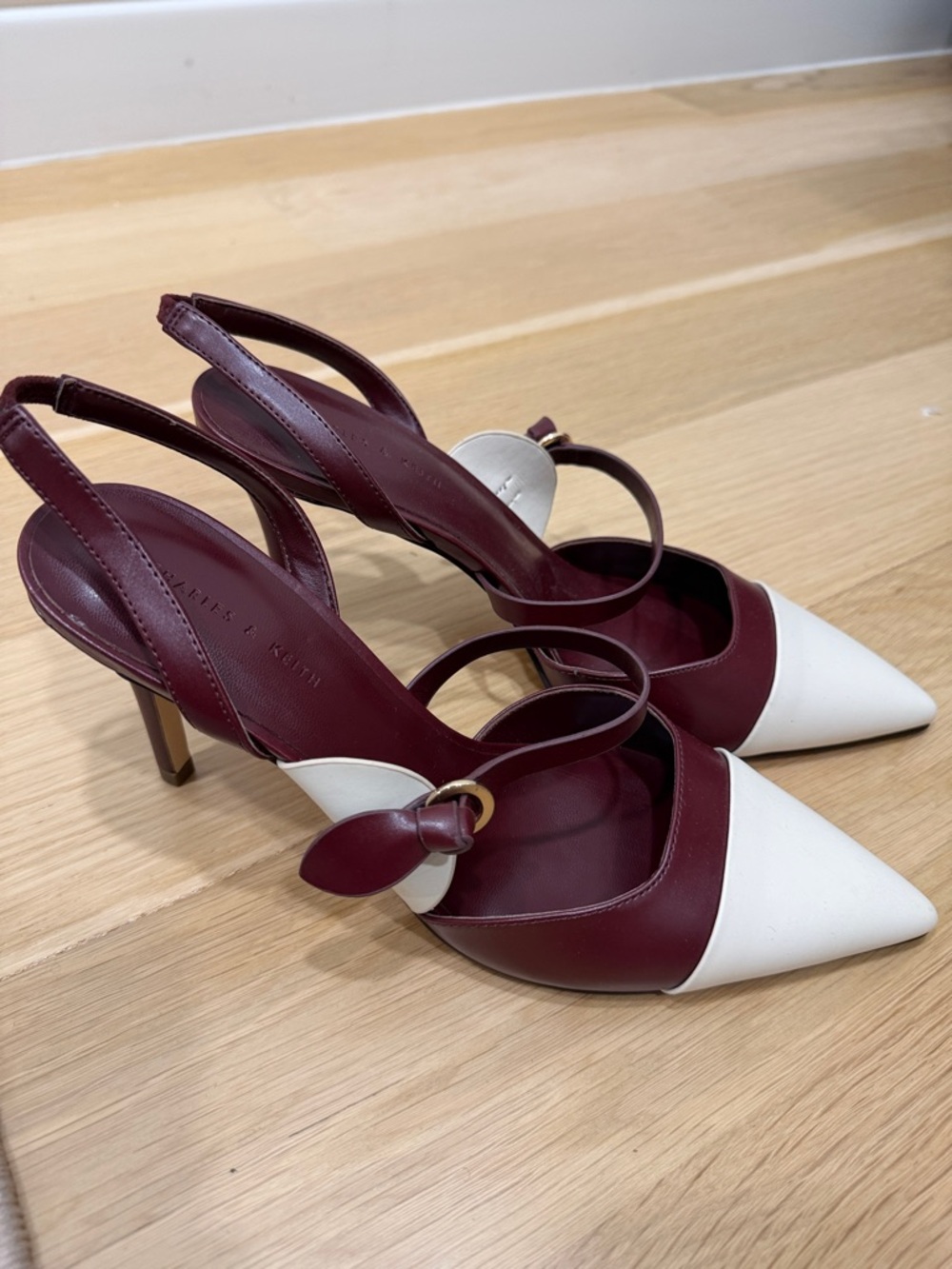 Charles & Keith Two-Tone Pointed Slingback Pumps in Burgundy and White